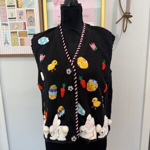 Vintage Beaded Easter Bunny Embroidered Sweater Vest | Size L